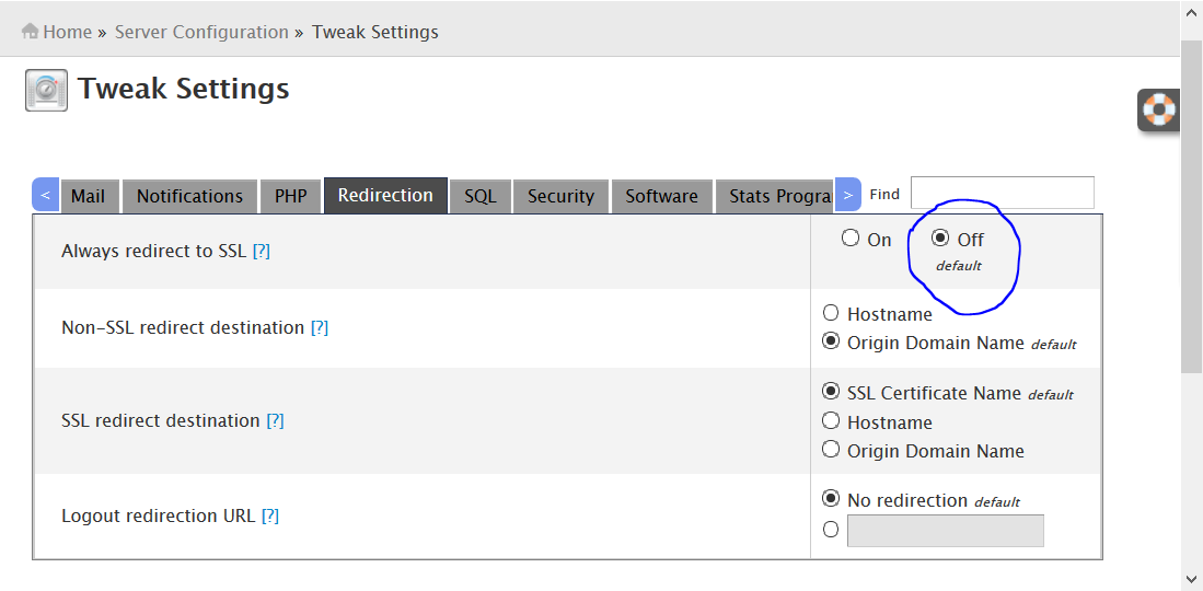 Tweak Settings — Redirection tab