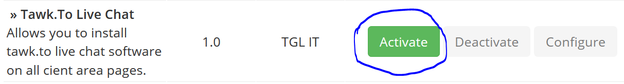 Addon Modules list showing Tawk.To Live Chat